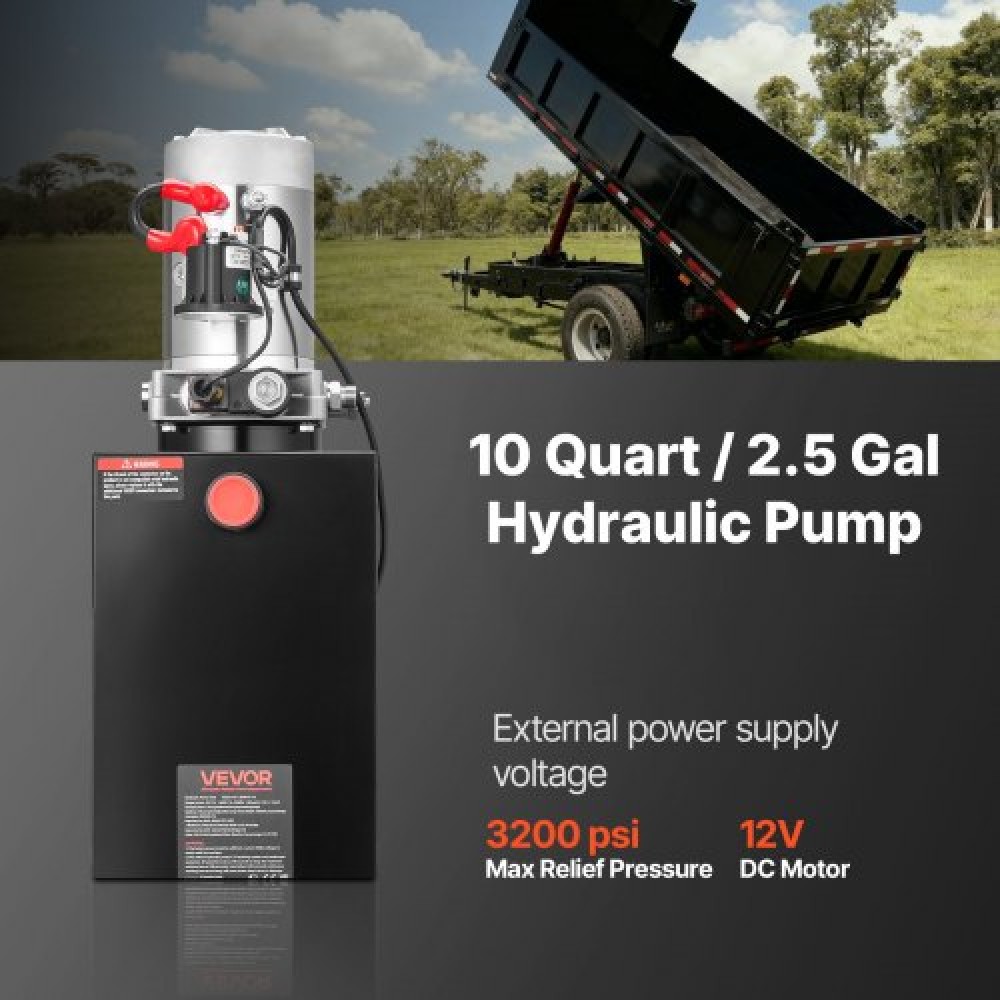VEVOR 10 L Hydraulic Power Unit, Single Acting Dump Trailer Pump, 22 MPa Max Relief Pressure & 3.4 L/min Flow Rate, DC 12V Hydraulic Pump with Metal Reservoir for Dump Trailer Car Lifting