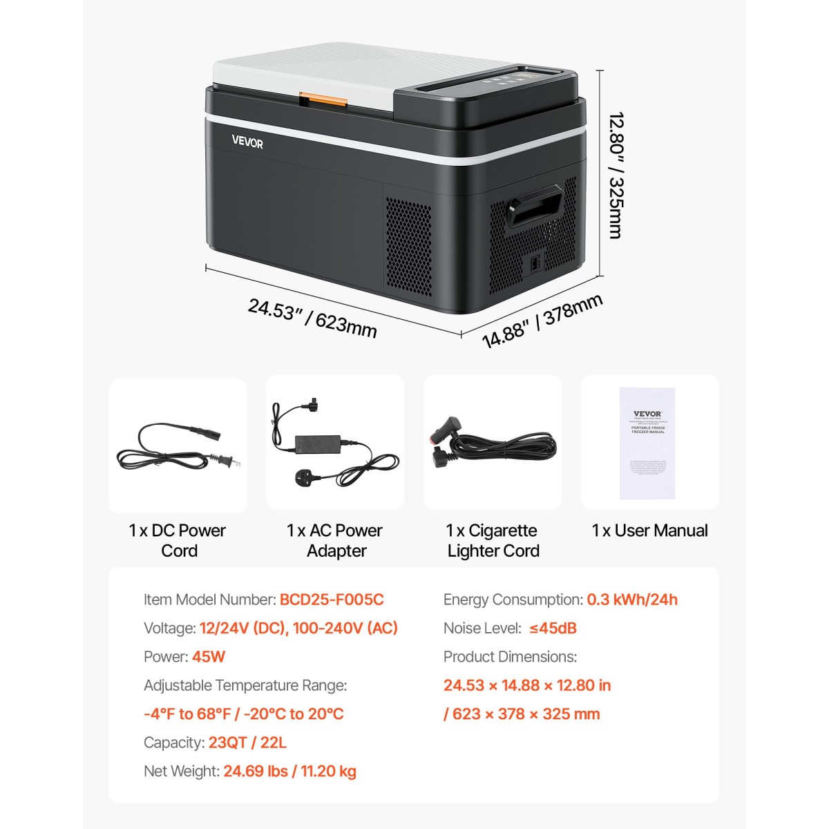 Ψυγείο αυτοκινήτου VEVOR, DC 12/24V AC100-240V Compressor Electric Cooler, -20°C έως 20°C Ψυγείο αυτοκινήτου με APP Control, 22L Cars Freezer for RVs, Campsites, Boats, Camping, Fishing, 45W Portable Freezer