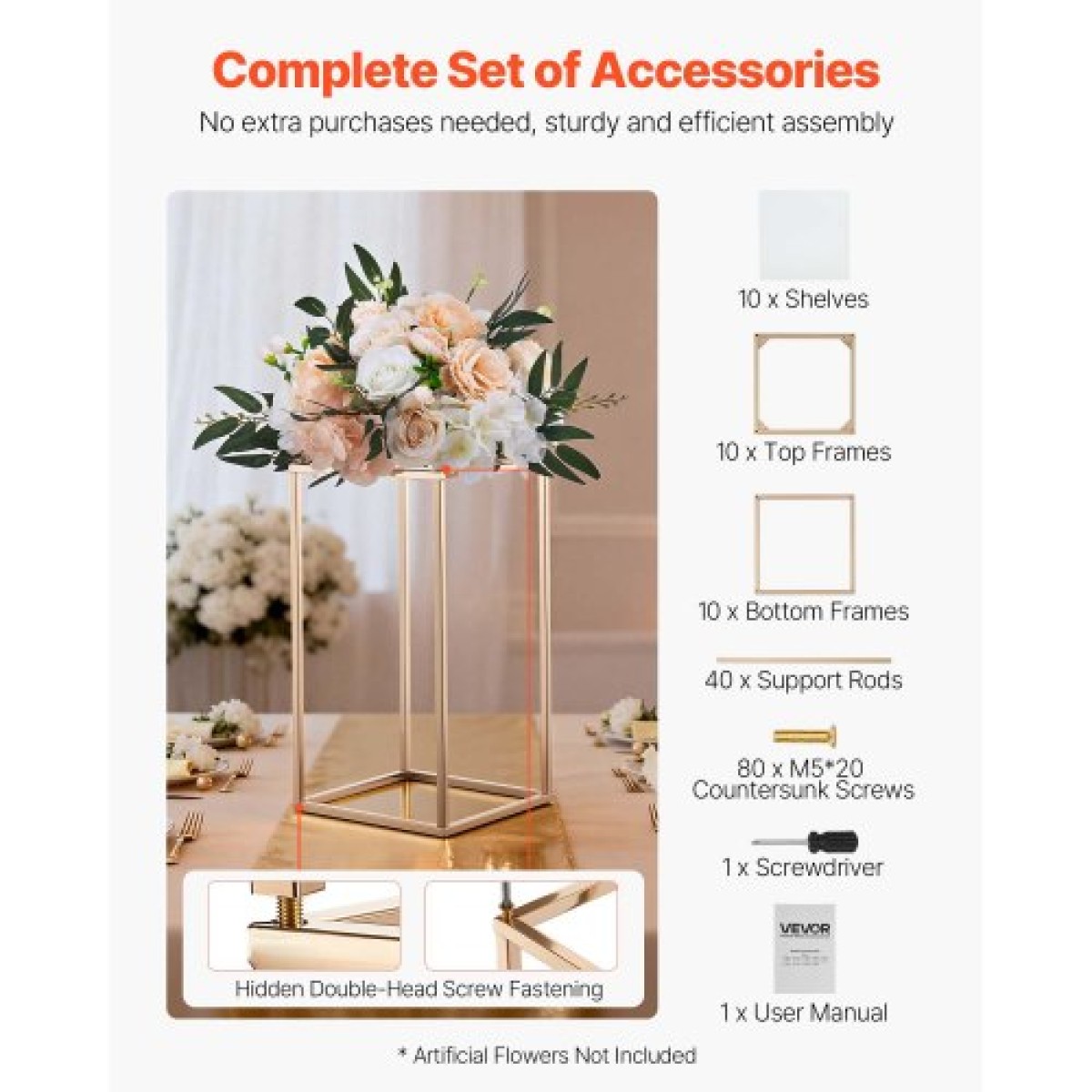 VEVOR Wedding Flower Stand, 10PCS 15,75 ιντσών Στάντ λουλουδιών, Floral Stand με ακρυλικό Laminate, Ορθογώνια φλοράλ θήκη για γάμο, πάρτι, γενέθλια, σπίτι, γαλλικά χρυσά stand