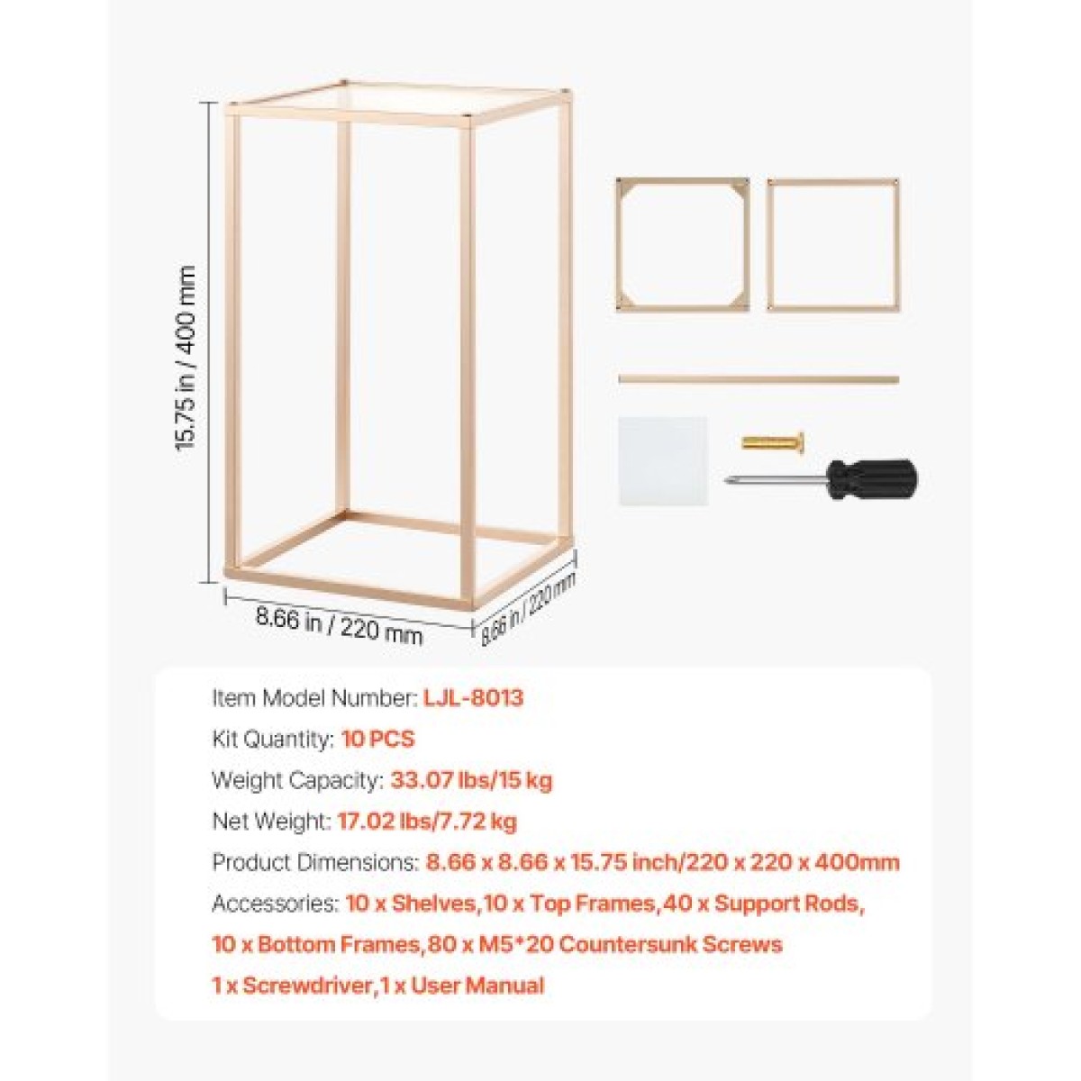 VEVOR Wedding Flower Stand, 10PCS 15,75 ιντσών Στάντ λουλουδιών, Floral Stand με ακρυλικό Laminate, Ορθογώνια φλοράλ θήκη για γάμο, πάρτι, γενέθλια, σπίτι, γαλλικά χρυσά stand