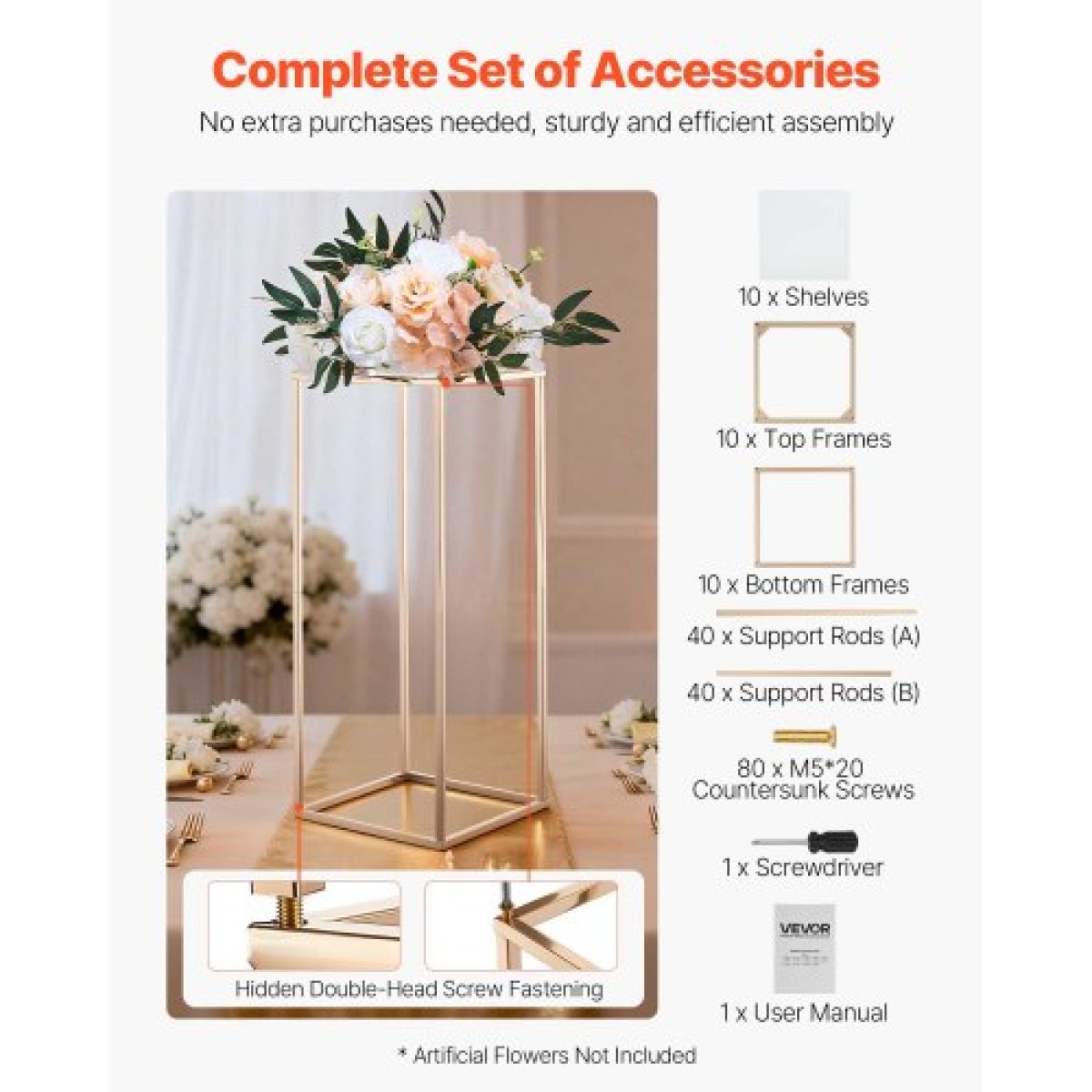 VEVOR Wedding Flower Stand, 10PCS 23,62 ιντσών Stand λουλουδιών, Floral Stand με ακρυλικό Laminate, Ορθογώνιο Floral ράφι για γάμο, πάρτι, γενέθλια, σπίτι, γαλλικά χρυσά stand