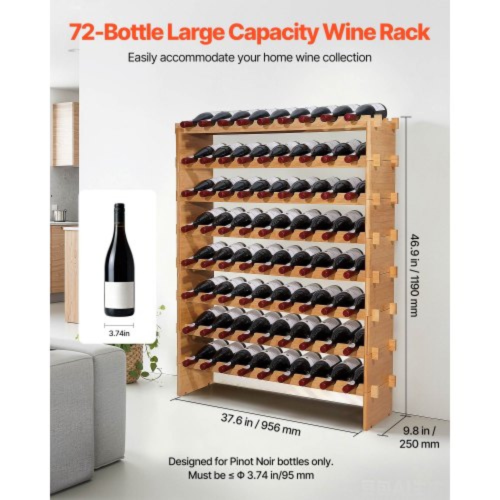 VEVOR 72 Bottle Stackable Modular Wine Rack, 8-Tier, Floor Freestanding Wine Storage Rack, Sturdy Wines Holder Display Shelf, Wobble-Free Shelves, Easy Assembly, for Kitchen, Cellar, and Bar, Natural