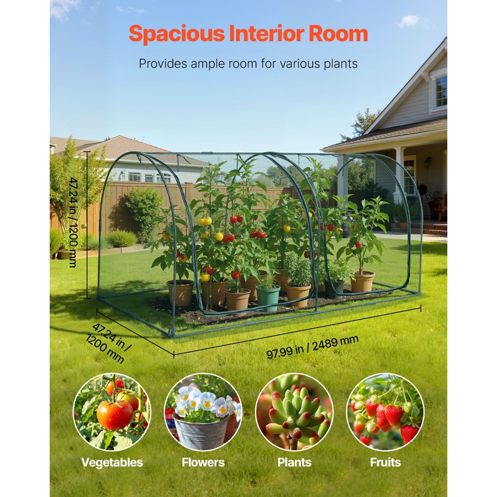 VEVOR Crop Cage, 2,48 x 1,2 x 1,2 m Σκηνή φυτοπροστασίας με πόρτα με φερμουάρ, ανθεκτικό στον άνεμο ψηλό κλωβό καλλιέργειας, εύκολο στην εγκατάσταση, υπαίθριο υπερυψωμένο κάλυμμα κρεβατιού με πλαίσιο, φυτικό δίχτυ για γκαζόν βεράντας κήπου