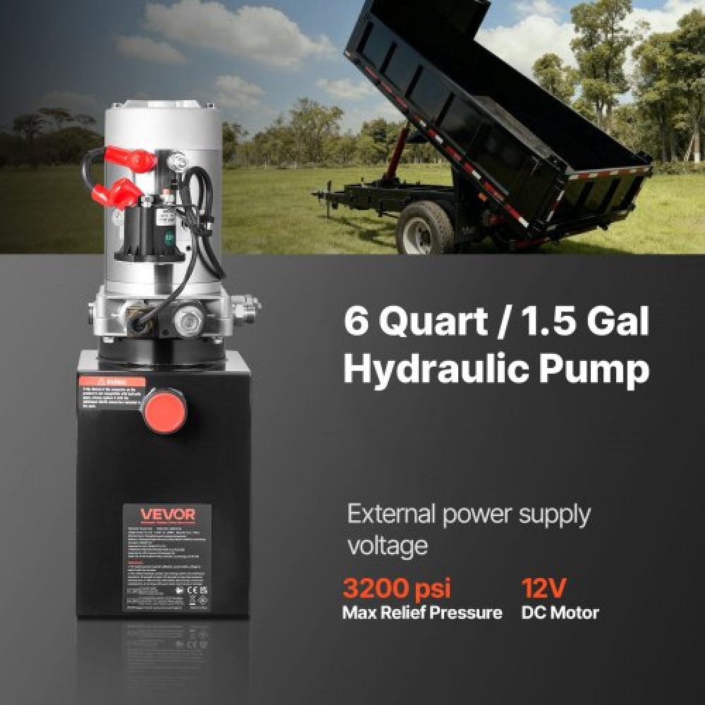 VEVOR 6 L Hydraulic Power Unit, Single Acting Dump Trailer Pump, 22 MPa Max Relief Pressure & 3.4 L/min Flow Rate, DC 12V Hydraulic Pump with Metal Reservoir for Dump Trailer Car Lifting, Black