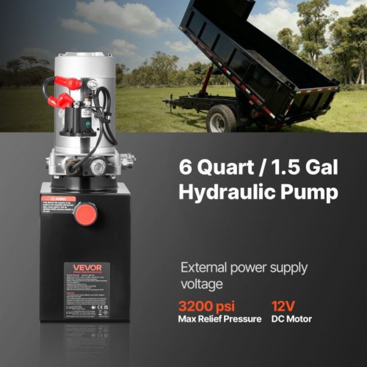 VEVOR 6 L Hydraulic Power Unit, Single Acting Dump Trailer Pump, 22 MPa Max Relief Pressure & 3,4 L/min Rate, DC 12V Hydraulic Pump with Metal Reservoir for Dump Trailer Car Lifting, Μαύρο