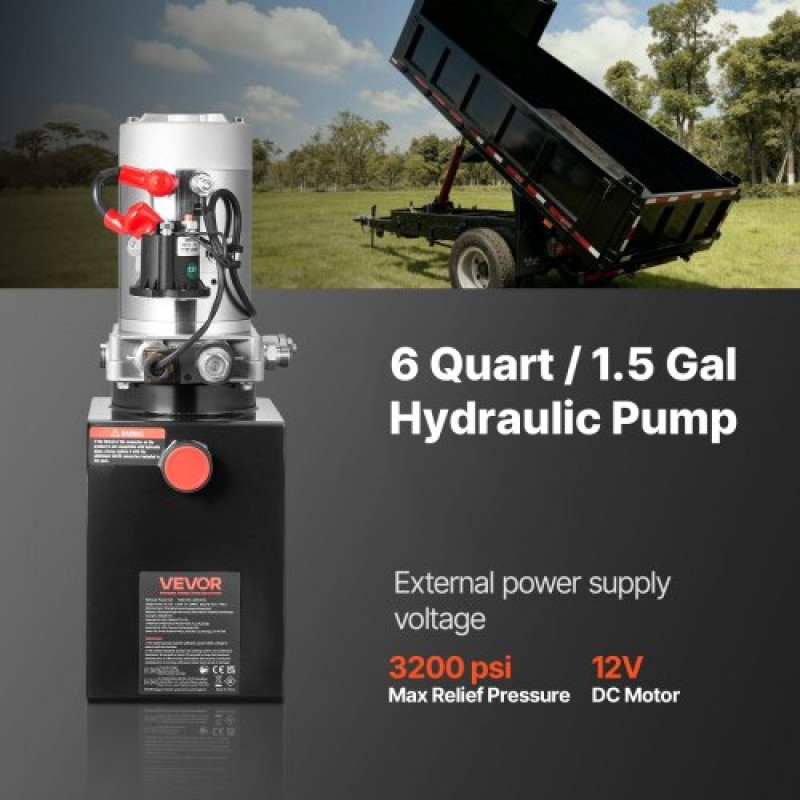 VEVOR 6 L Hydraulic Power Unit, Single Acting Dump Trailer Pump, 22 MPa Max Relief Pressure & 3,4 L/min Rate, DC 12V Hydraulic Pump with Metal Reservoir for Dump Trailer Car Lifting, Μαύρο