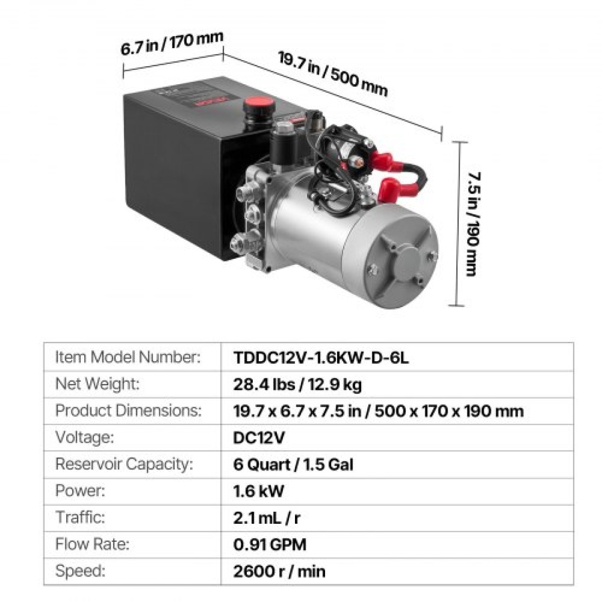 VEVOR 6 L Hydraulic Power Unit, Single Acting Dump Trailer Pump, 22 MPa Max Relief Pressure & 3,4 L/min Rate, DC 12V Hydraulic Pump with Metal Reservoir for Dump Trailer Car Lifting, Μαύρο