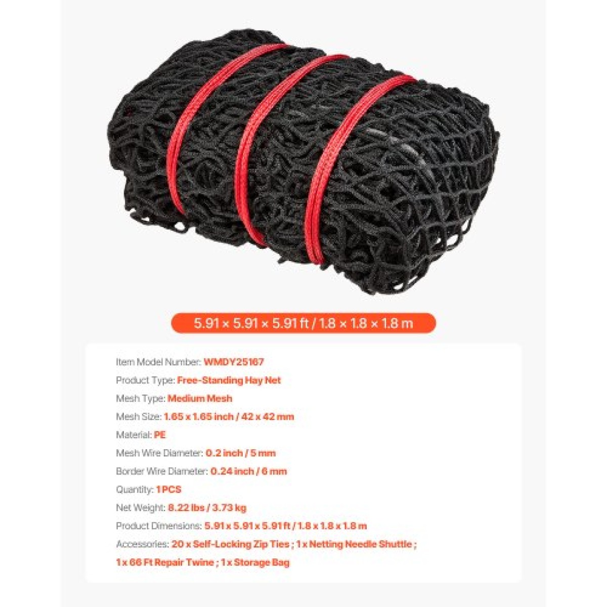 Στρογγυλό δίχτυ σανού VEVOR, 1,8 x 1,8 x 1,8 m, οπές 42 x 42 mm, υλικό PE, σχεδιασμός χωρίς κόμπους, με φερμουάρ, μεταφορά με βελόνες, σπάγγος επισκευής και τσάντα αποθήκευσης, αργός τροφοδότης στρογγυλό δίχτυ για άλογα