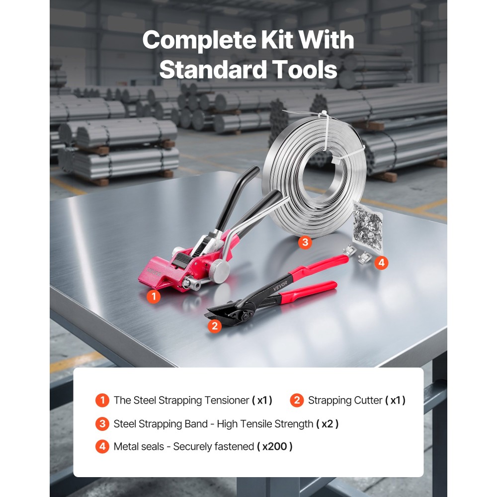 Κιτ ιμάντων VEVOR Steel Banding, Heavy Duty Banding Sealer Tool with 60 m Linking Straps, 200 Metal claps, Manual Packaging Packaging Kit for Warhouse, Transport, Industrial Bundling