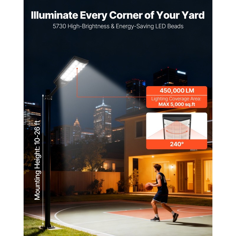 VEVOR 8000W Solar Street Lights Outdoor, 450000LM, Επαγγελματικός Χώρος Στάθμευσης Φώτα Dusk to Dawn, LED Flood Security Lamp with Motion Sensor, IP67 Waterproof Outdoor Light, for Driveway Yard, 2 Pack