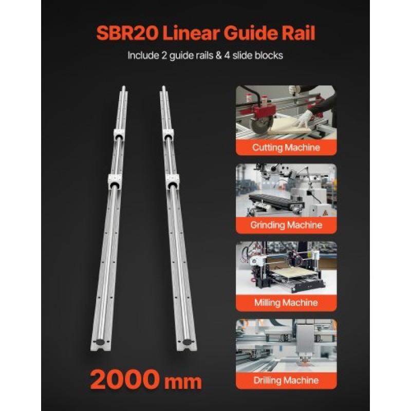VEVOR Linear Rail Kit, SBR20, 2Pcs 2000 mm (78,74 ίντσες) Ράγες οδηγών γραμμικής κίνησης και μπλοκ ρουλεμάν 4 τμχ, Πλήρως υποστηριζόμενος άξονας, για κοπή, λείανση, φρέζα, μηχανήματα διάτρησης και άλλα