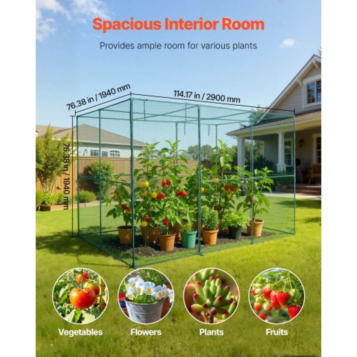 VEVOR Crop Cage, 2,9 x 1,94 x 1,94 m Σκηνή φυτοπροστασίας με πόρτα με φερμουάρ, ψηλό κλωβό καλλιέργειας ανθεκτικό στον άνεμο, εύκολο στην εγκατάσταση, υπαίθριο υπερυψωμένο κάλυμμα κρεβατιού, δίχτυ ντομάτας για γκαζόν βεράντας κήπου