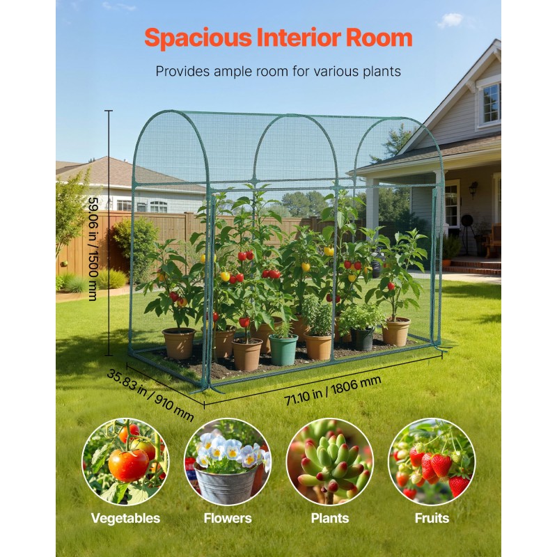 VEVOR Crop Cage, 1,8 x 0,91 x 1,5 m Σκηνή φυτοπροστασίας με πόρτα με φερμουάρ, ανθεκτικό στον άνεμο ψηλό κλωβό καλλιέργειας, εύκολο στην εγκατάσταση, υπερυψωμένο υπαίθριο κάλυμμα κρεβατιού με πλαίσιο, φυτικό δίχτυ για γκαζόν βεράντας κήπου