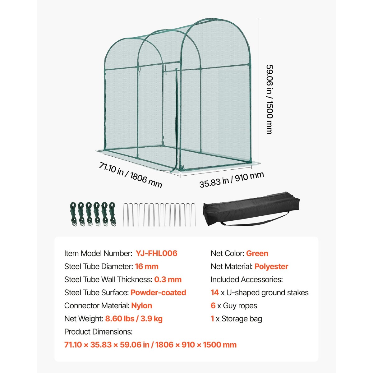 VEVOR Crop Cage, 1,8 x 0,91 x 1,5 m Σκηνή φυτοπροστασίας με πόρτα με φερμουάρ, ανθεκτικό στον άνεμο ψηλό κλωβό καλλιέργειας, εύκολο στην εγκατάσταση, υπερυψωμένο υπαίθριο κάλυμμα κρεβατιού με πλαίσιο, φυτικό δίχτυ για γκαζόν βεράντας κήπου
