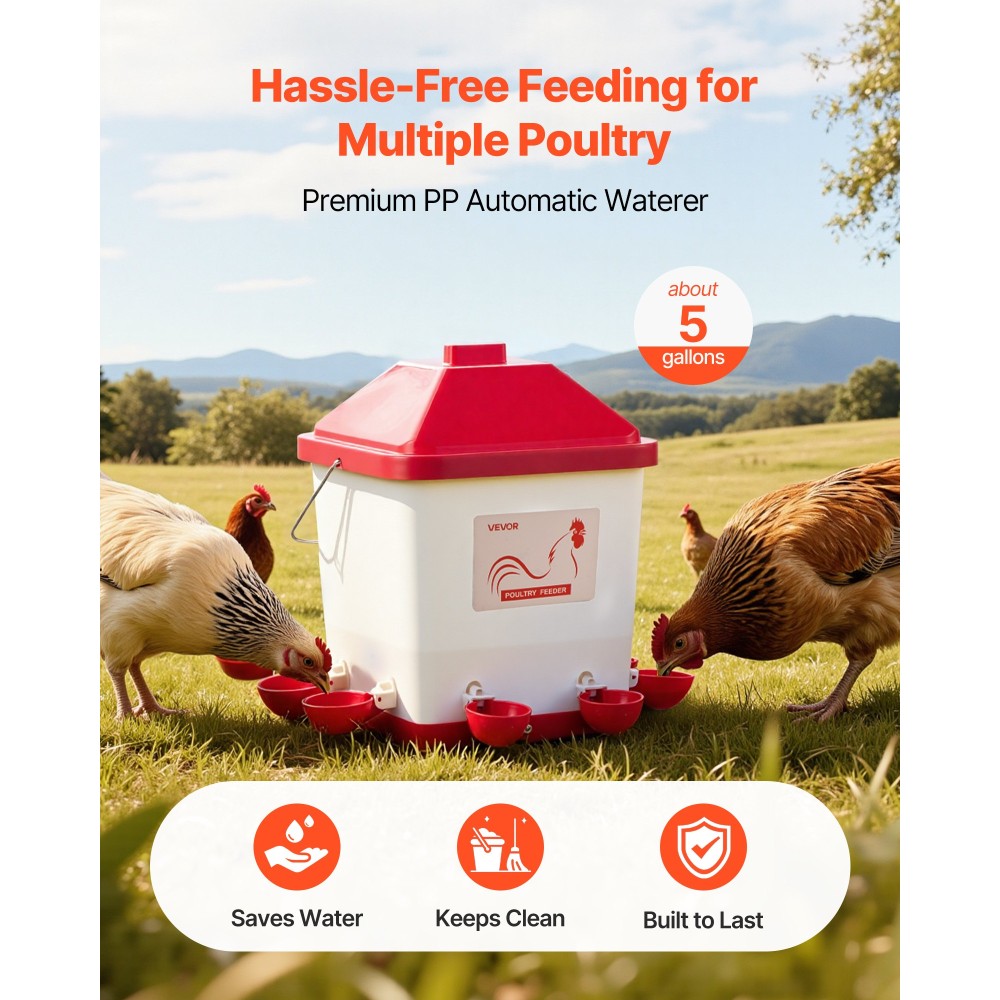 VEVOR 19L Automatic Chicken Waterter, 6 Ports Water, Automatic-Fill Water Cup, Automatic Gravity Waterer with Conveible Handled Sealed Lastic Ring, Αδιάβροχο υλικό PP, No Waste Design, για κοτόπουλο