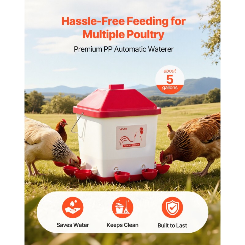 VEVOR 19L Automatic Chicken Waterter, 6 Ports Water, Automatic-Fill Water Cup, Automatic Gravity Waterer with Conveible Handled Sealed Lastic Ring, Αδιάβροχο υλικό PP, No Waste Design, για κοτόπουλο