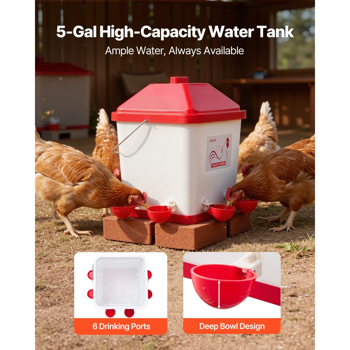 VEVOR 19L Automatic Chicken Waterter, 6 Ports Water, Automatic-Fill Water Cup, Automatic Gravity Waterer with Conveible Handled Sealed Lastic Ring, Αδιάβροχο υλικό PP, No Waste Design, για κοτόπουλο