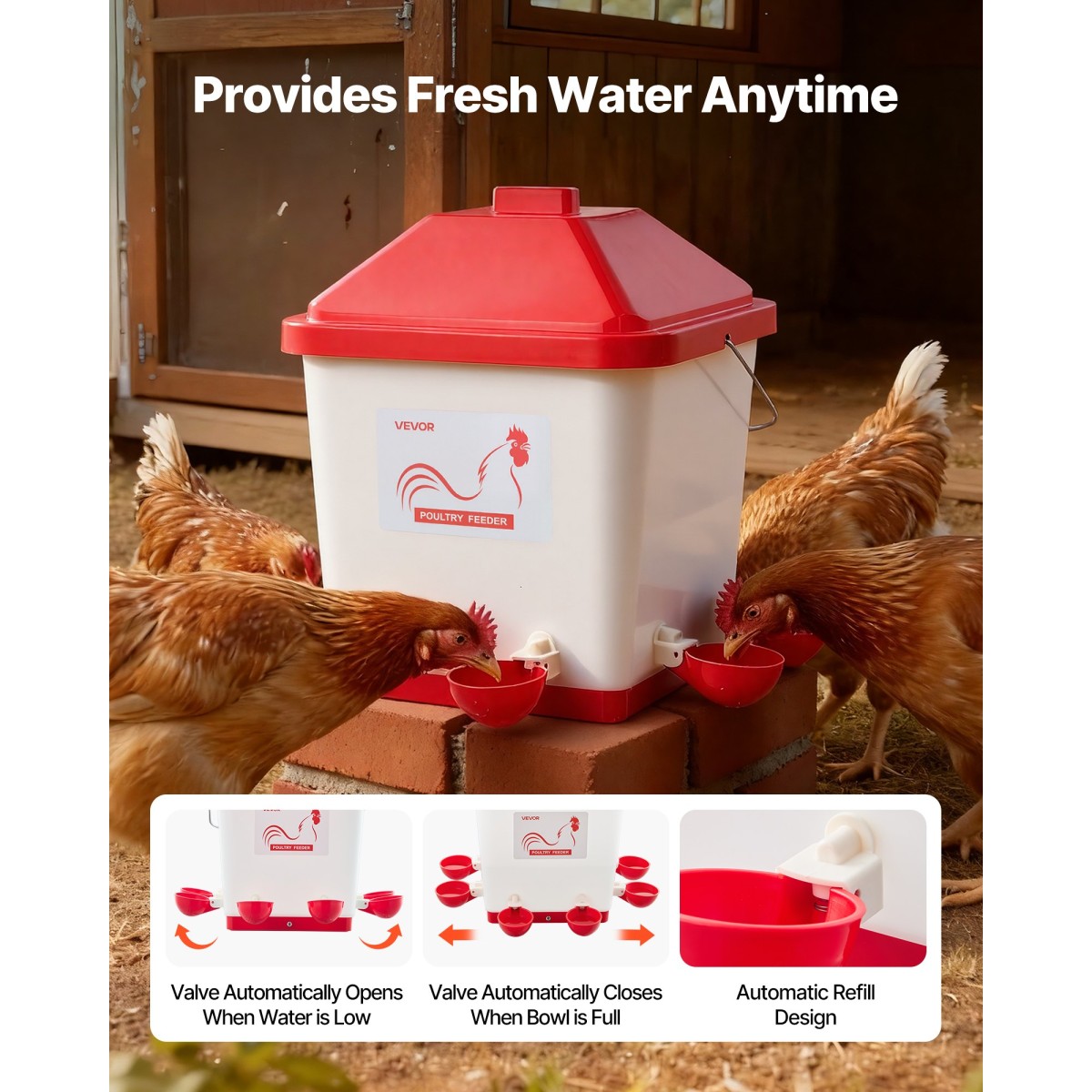 VEVOR 19L Automatic Chicken Waterter, 6 Ports Water, Automatic-Fill Water Cup, Automatic Gravity Waterer with Conveible Handled Sealed Lastic Ring, Αδιάβροχο υλικό PP, No Waste Design, για κοτόπουλο