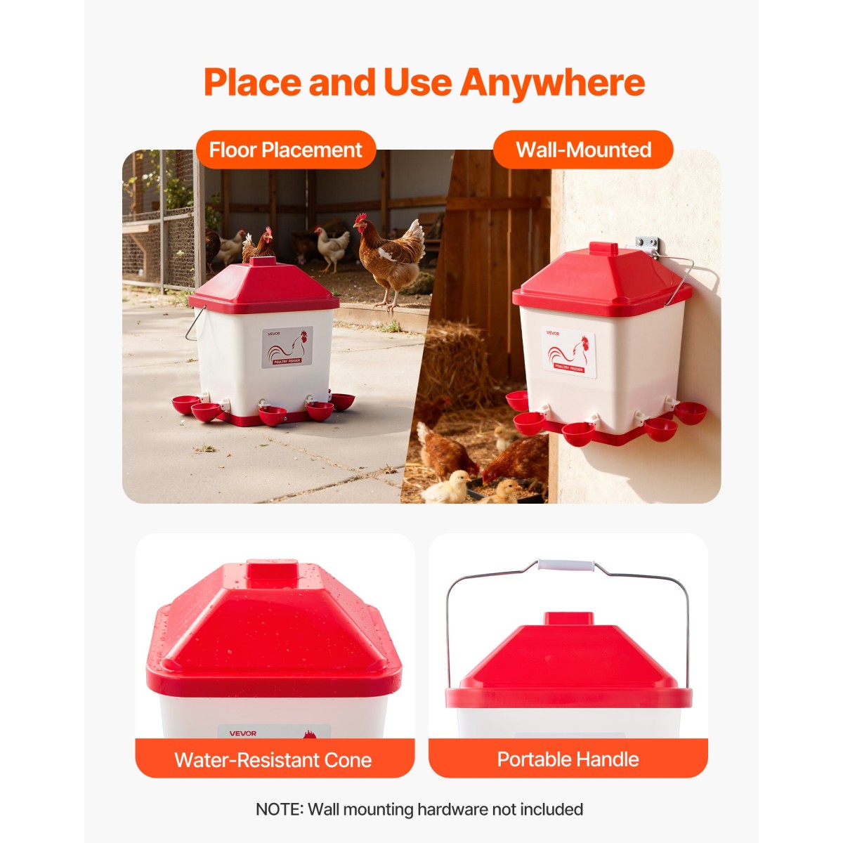 VEVOR 19L Automatic Chicken Waterter, 6 Ports Water, Automatic-Fill Water Cup, Automatic Gravity Waterer with Conveible Handled Sealed Lastic Ring, Αδιάβροχο υλικό PP, No Waste Design, για κοτόπουλο