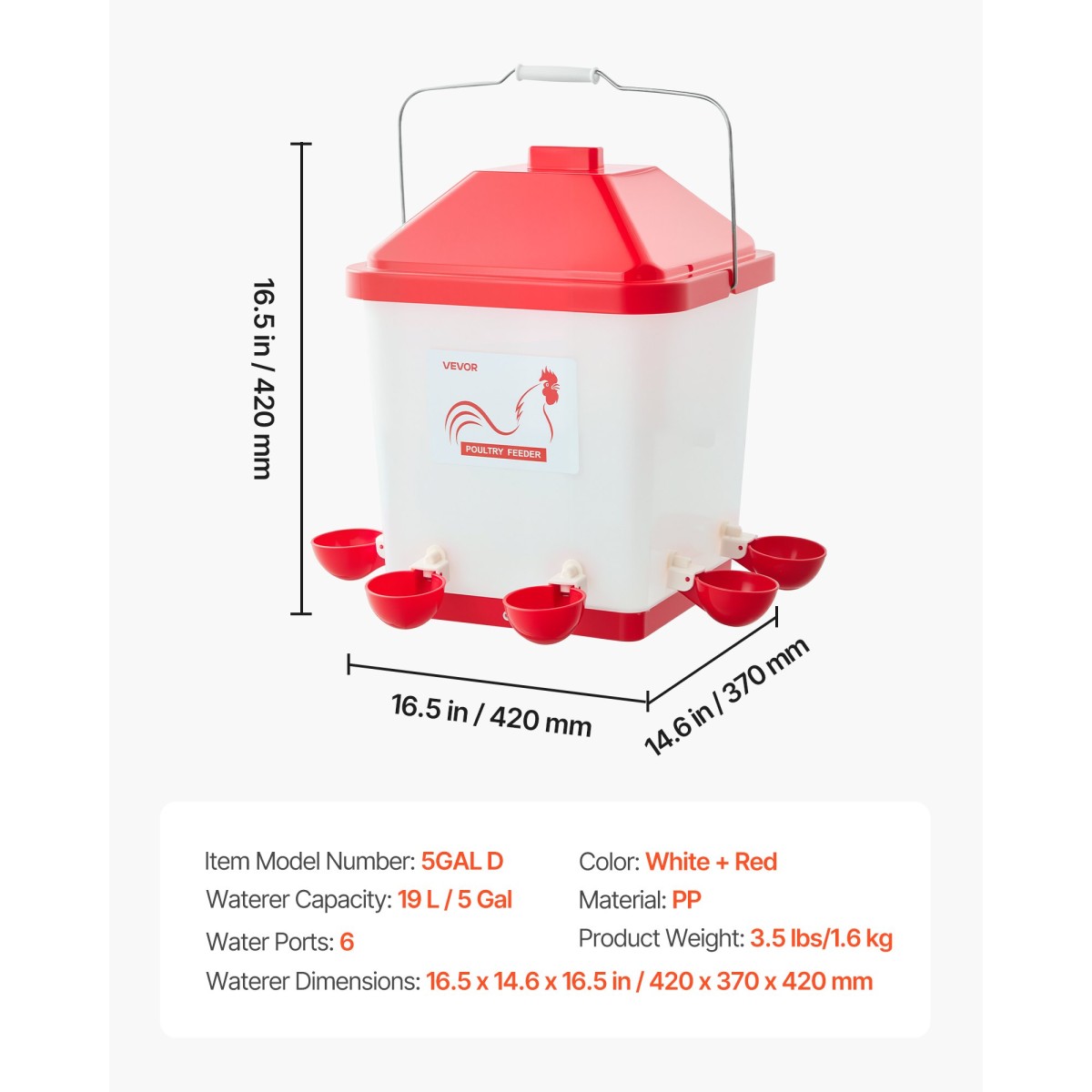 VEVOR 19L Automatic Chicken Waterter, 6 Ports Water, Automatic-Fill Water Cup, Automatic Gravity Waterer with Conveible Handled Sealed Lastic Ring, Αδιάβροχο υλικό PP, No Waste Design, για κοτόπουλο