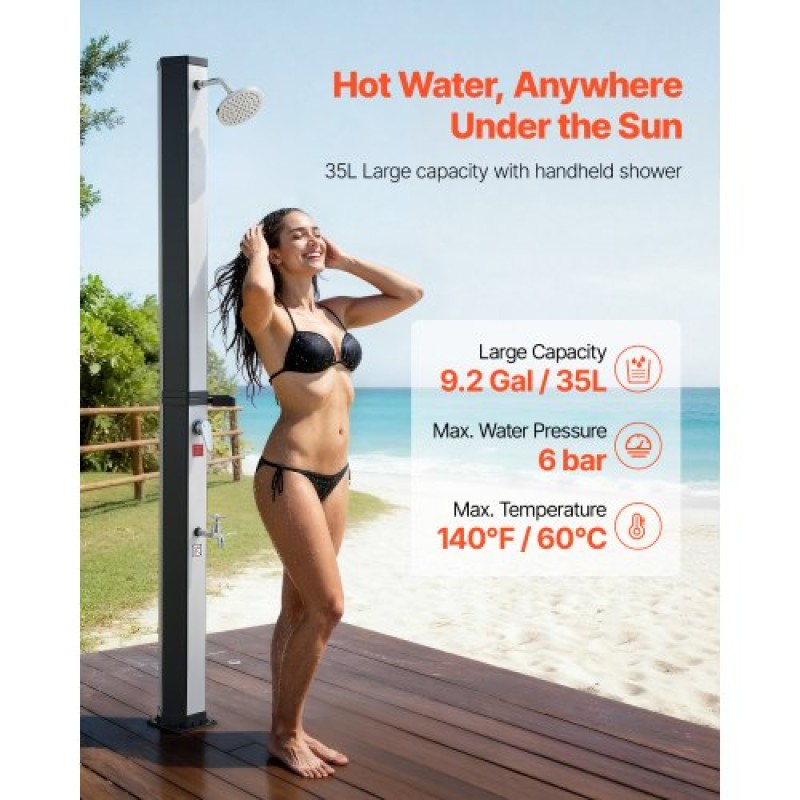 VEVOR 35L Solar Heated Shower, 195cm Showerhead Height Outdoor Shower, with Foot Faucet & Soap Box Rack, Hot & Cold Water Adjustment, Freestanding for Backyard Poolside Beach Pool,Black Silver