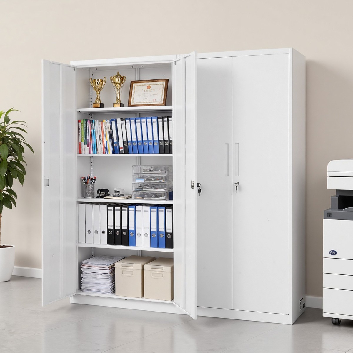 VEVOR Μεταλλικός Αποθηκευτικός Ντουλάπα, 175 cm Κλείδωμα Ατσάλινο Ντουλάπι Γκαράζ με 4 Ρυθμιζόμενα Ράφια, 2 Μαγνητικές Πόρτες, 2 Κλειδιά, 5 Επίπεδες Αποθήκευση Εργαλείων για Αποθήκη, Αποθήκη, Υπόγειο, Πλυντήριο, Γραφείο, Λευκό