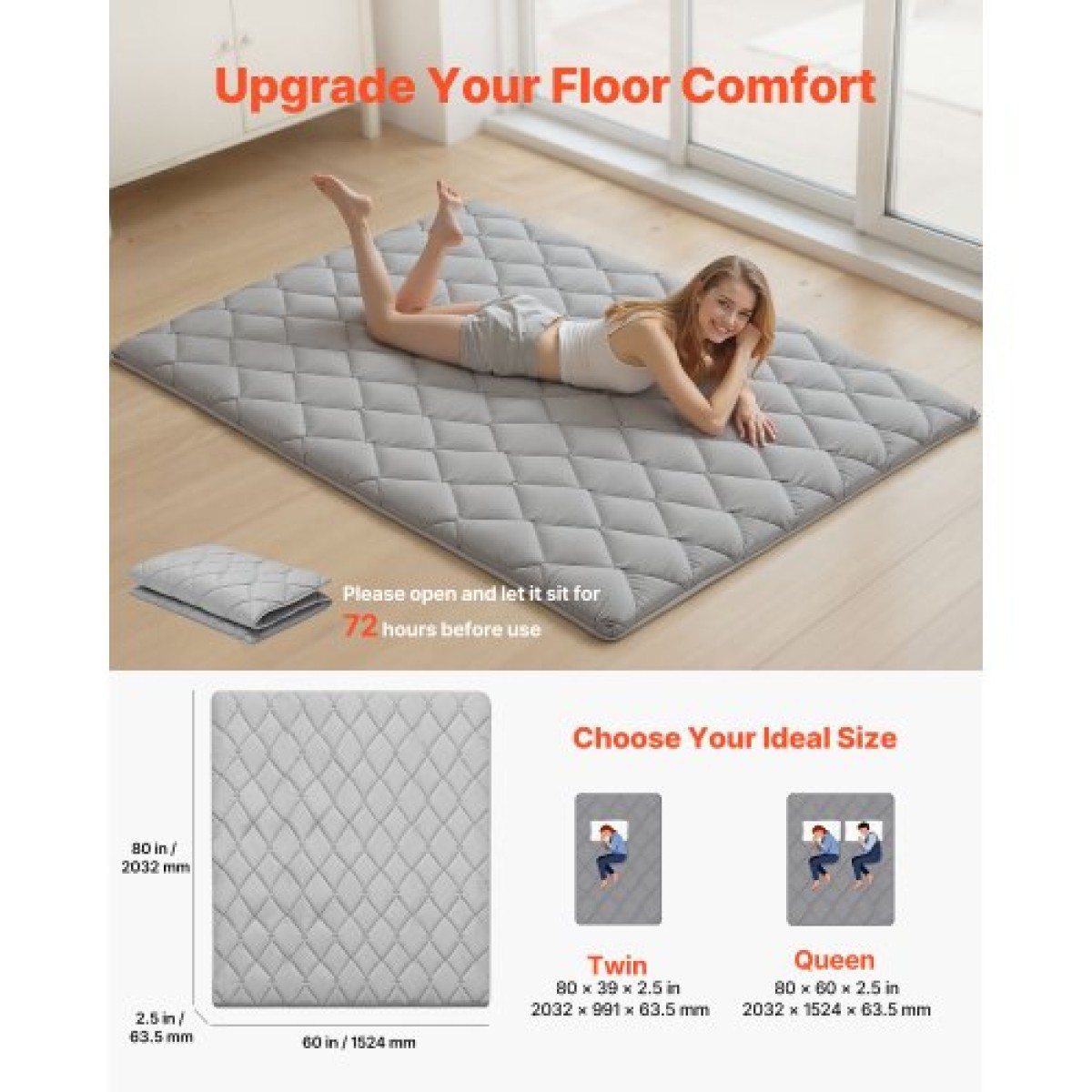 VEVOR Japanese Tatami Mat, Queen Size Πτυσσόμενο Γιαπωνέζικο Στρώμα Τατάμι, Στρώμα Futon με Αποθηκευτική Τσάντα & Στερέωμα, Πατάκι δαπέδου 9 στρώσεων για ύπνο, κοιτώνα, διαλογισμός, γιόγκα, 2032 x 1524 x 63,5 mm, γκρι