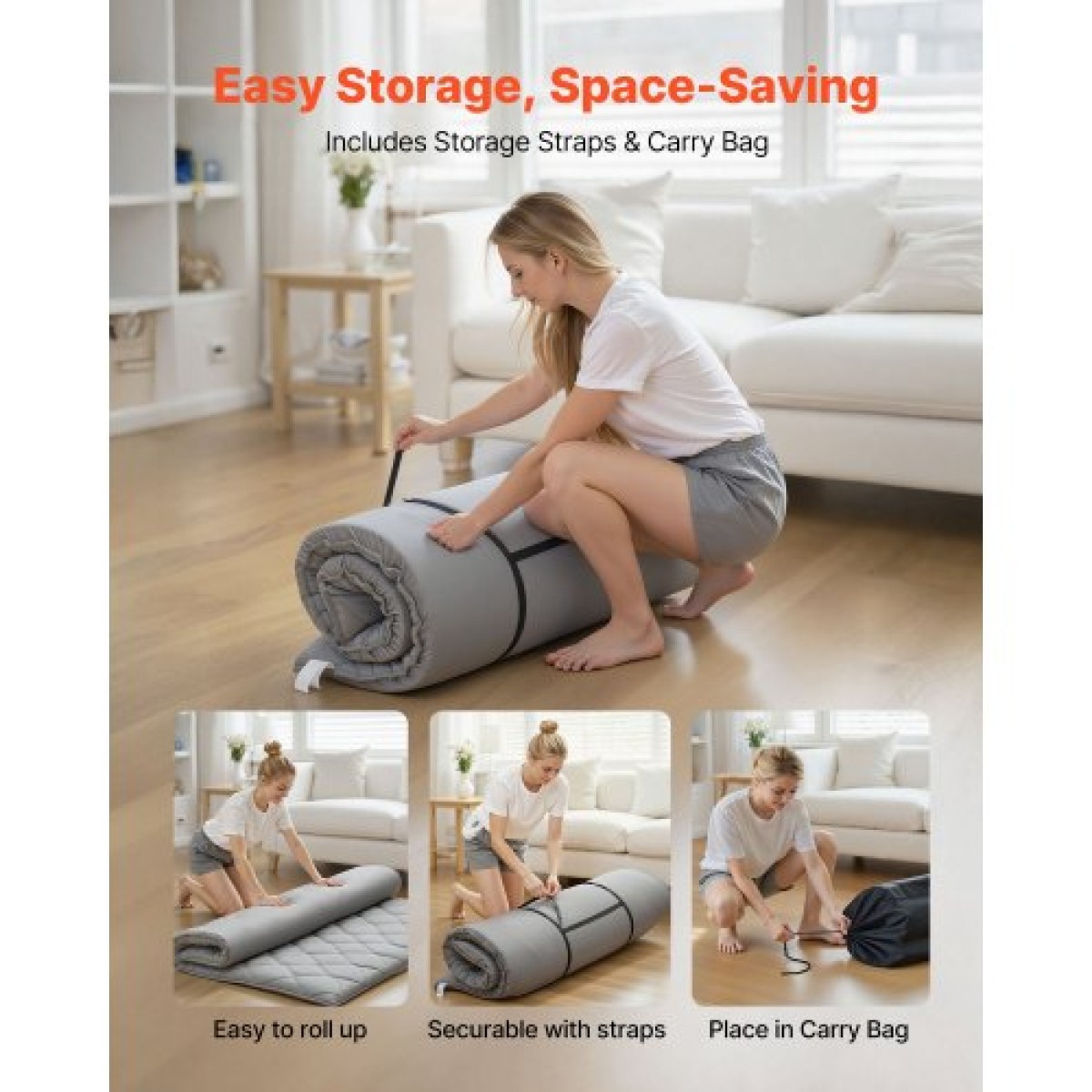 VEVOR Japanese Tatami Mat, Queen Size Πτυσσόμενο Γιαπωνέζικο Στρώμα Τατάμι, Στρώμα Futon με Αποθηκευτική Τσάντα & Στερέωμα, Πατάκι δαπέδου 9 στρώσεων για ύπνο, κοιτώνα, διαλογισμός, γιόγκα, 2032 x 1524 x 63,5 mm, γκρι