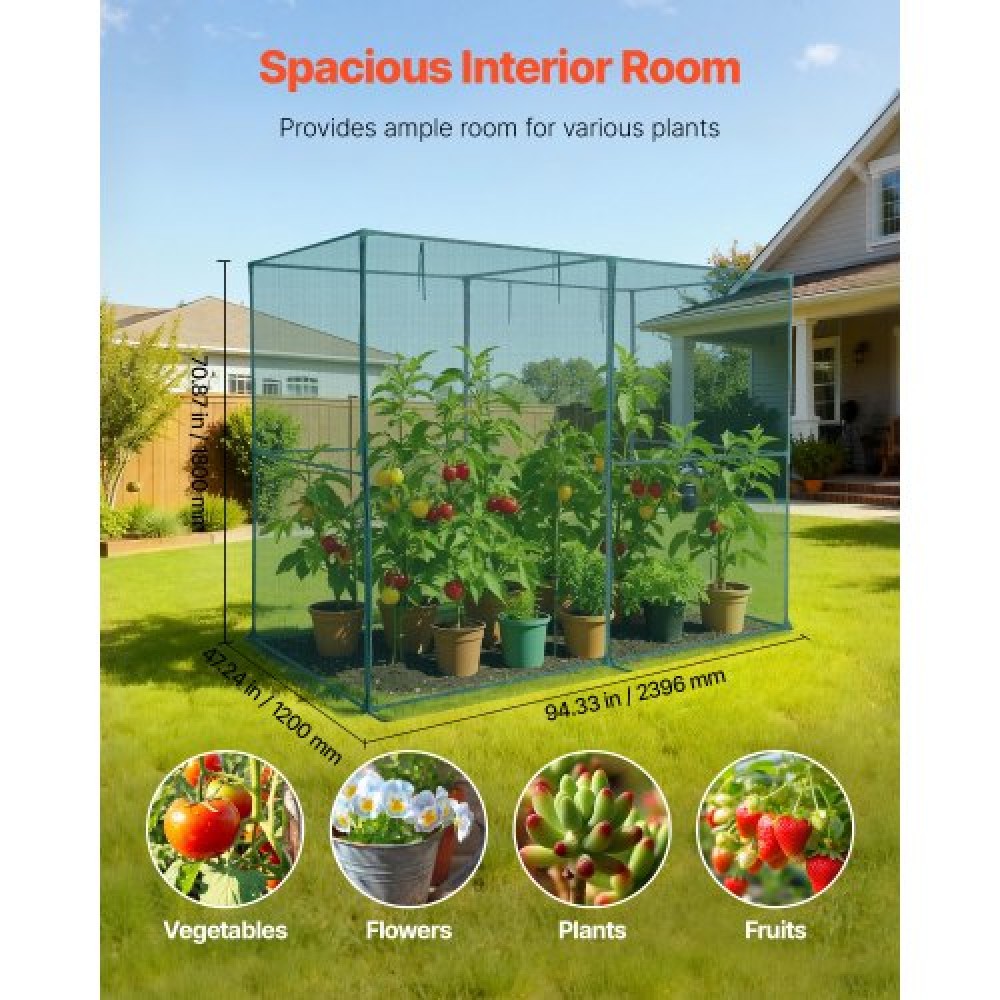 VEVOR Crop Cage, 2,39 x 1,2 x 1,8 m Σκηνή φυτοπροστασίας με πόρτα με φερμουάρ, ψηλό κλουβί καλλιέργειας ανθεκτικό στον άνεμο, εύκολο στην εγκατάσταση, υπαίθριο υπερυψωμένο κάλυμμα κρεβατιού, δίχτυ ντομάτας για γκαζόν βεράντας κήπου