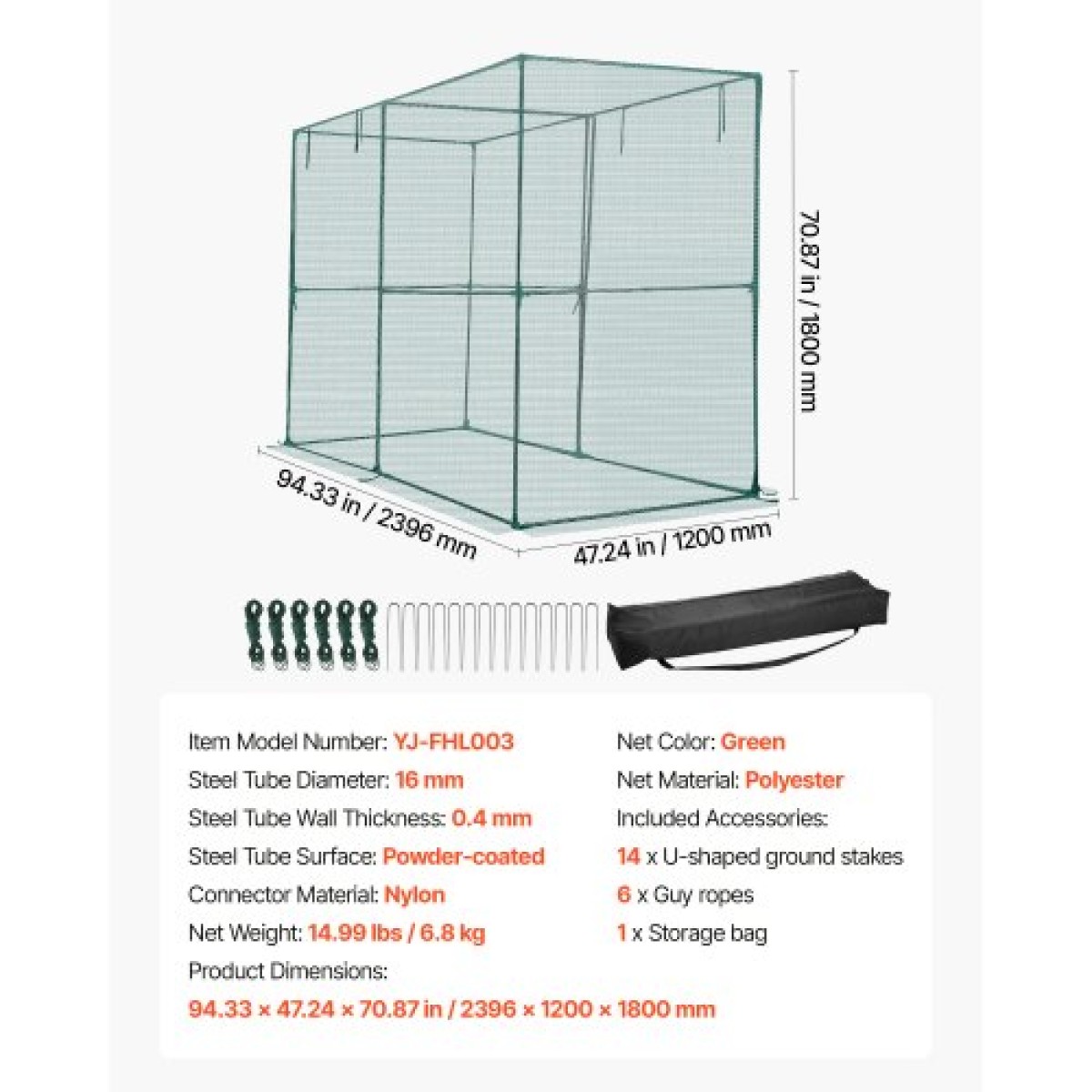 VEVOR Crop Cage, 2,39 x 1,2 x 1,8 m Σκηνή φυτοπροστασίας με πόρτα με φερμουάρ, ψηλό κλουβί καλλιέργειας ανθεκτικό στον άνεμο, εύκολο στην εγκατάσταση, υπαίθριο υπερυψωμένο κάλυμμα κρεβατιού, δίχτυ ντομάτας για γκαζόν βεράντας κήπου