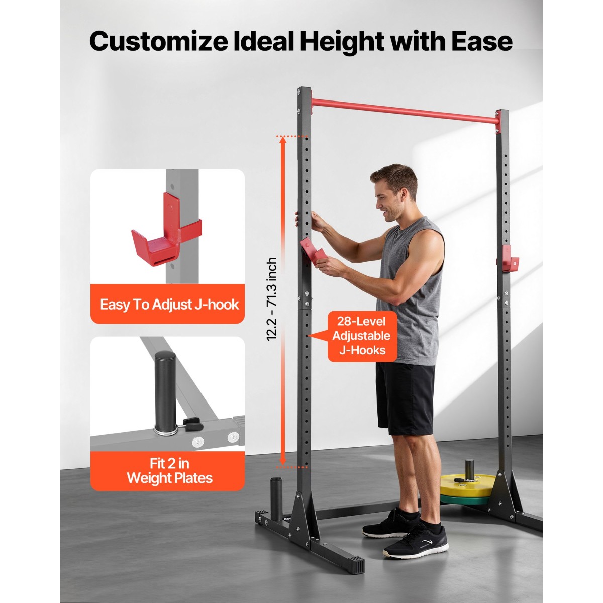 VEVOR Power Cage Squat Rack, Πολυλειτουργικός Εξοπλισμός Τύπου Πάγκου Power Rack με ρυθμιζόμενους γάντζους J 28 επιπέδων, Γυμναστήριο γυμναστικής προπόνησης στο σπίτι για σκουότ με μπάρα, έλξη, άρση βαρών