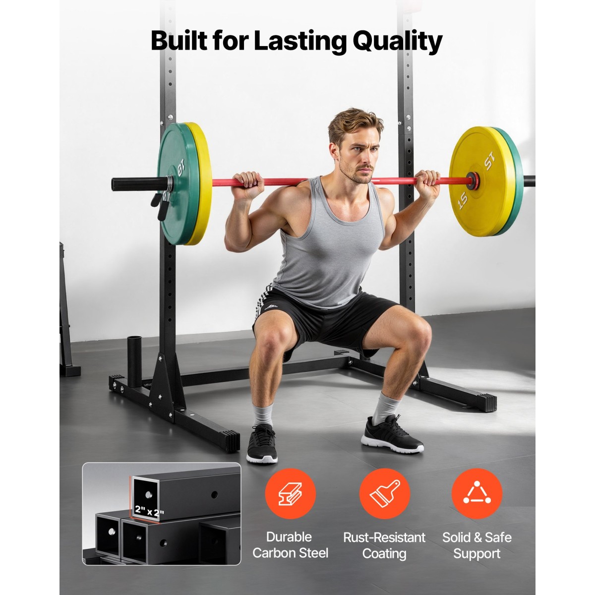 VEVOR Power Cage Squat Rack, Πολυλειτουργικός Εξοπλισμός Τύπου Πάγκου Power Rack με ρυθμιζόμενους γάντζους J 28 επιπέδων, Γυμναστήριο γυμναστικής προπόνησης στο σπίτι για σκουότ με μπάρα, έλξη, άρση βαρών