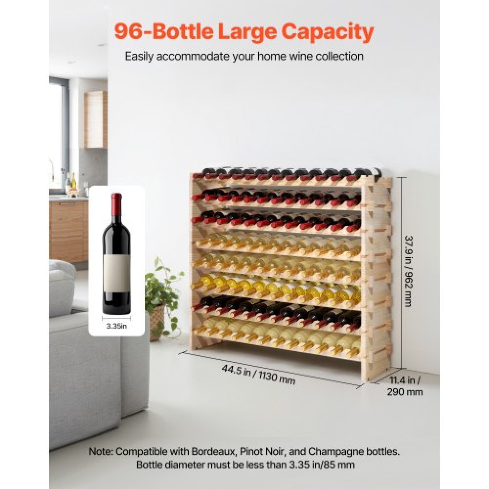 VEVOR 96 Bottle Stackable Modular Wine Rack, 8-Tier Wine Bottle Holder,Solid Wood Floor Freestanding Wine Storage Rack For Pinot Noir bottles,For Kitchen, Cellar, and Bar, Natural