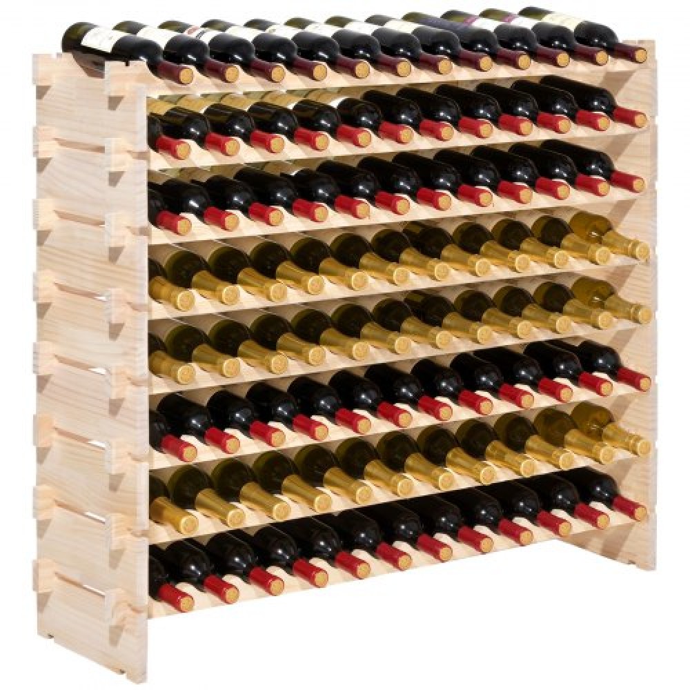 VEVOR 96 Bottle Stackable Modular Wine Rack, 8-Tier Wine Bottle Holder,Solid Wood Floor Freestanding Wine Storage Rack For Pinot Noir bottles,For Kitchen, Cellar, and Bar, Natural