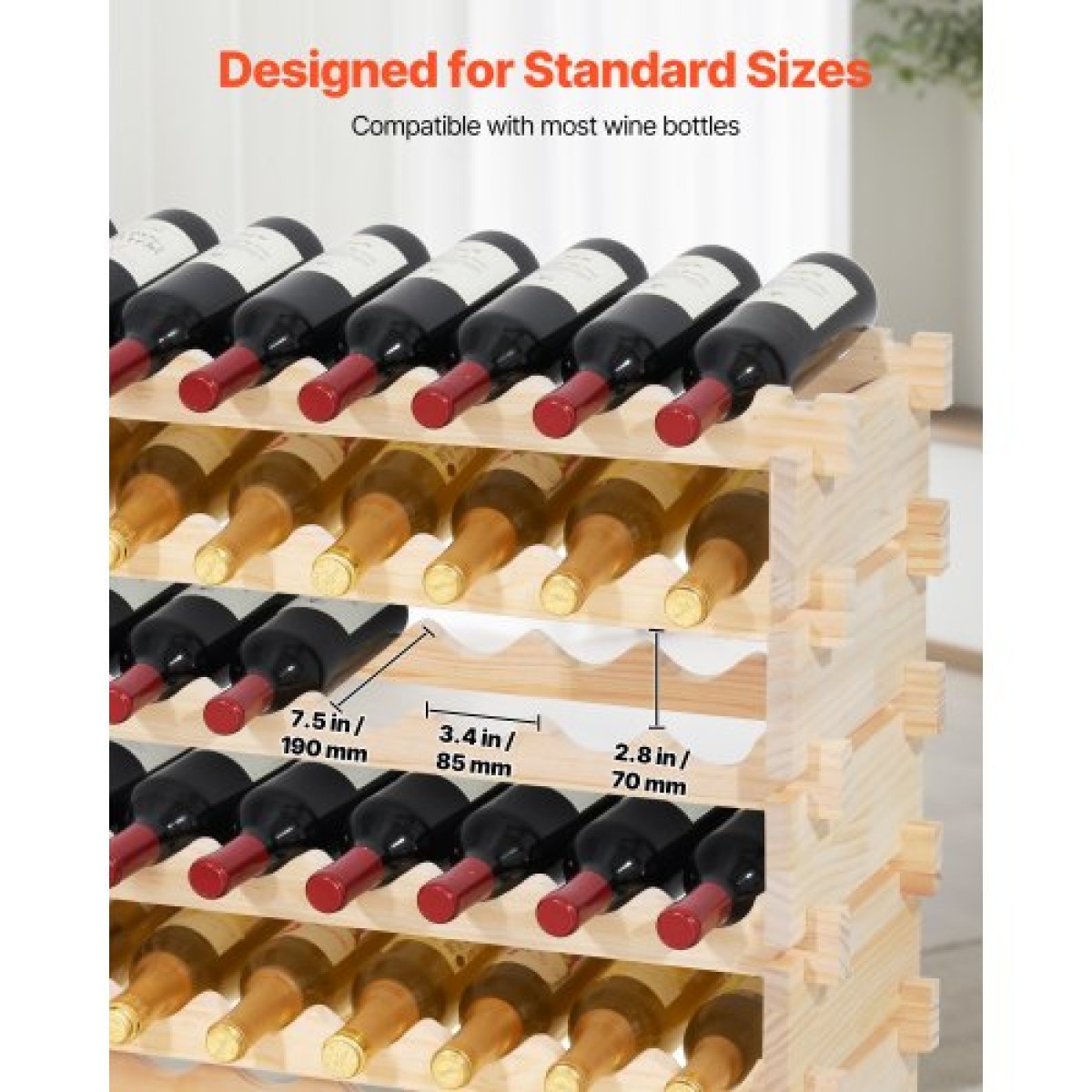 VEVOR 96 Bottle Stackable Modular Wine Rack, 8-Tered Bottle Wine Shop, Μασίφ ξύλινο πάτωμα ανεξάρτητο ράφι αποθήκευσης κρασιού για μπουκάλια Pinot Noir, Για κουζίνα, κελάρι και μπαρ, φυσικό