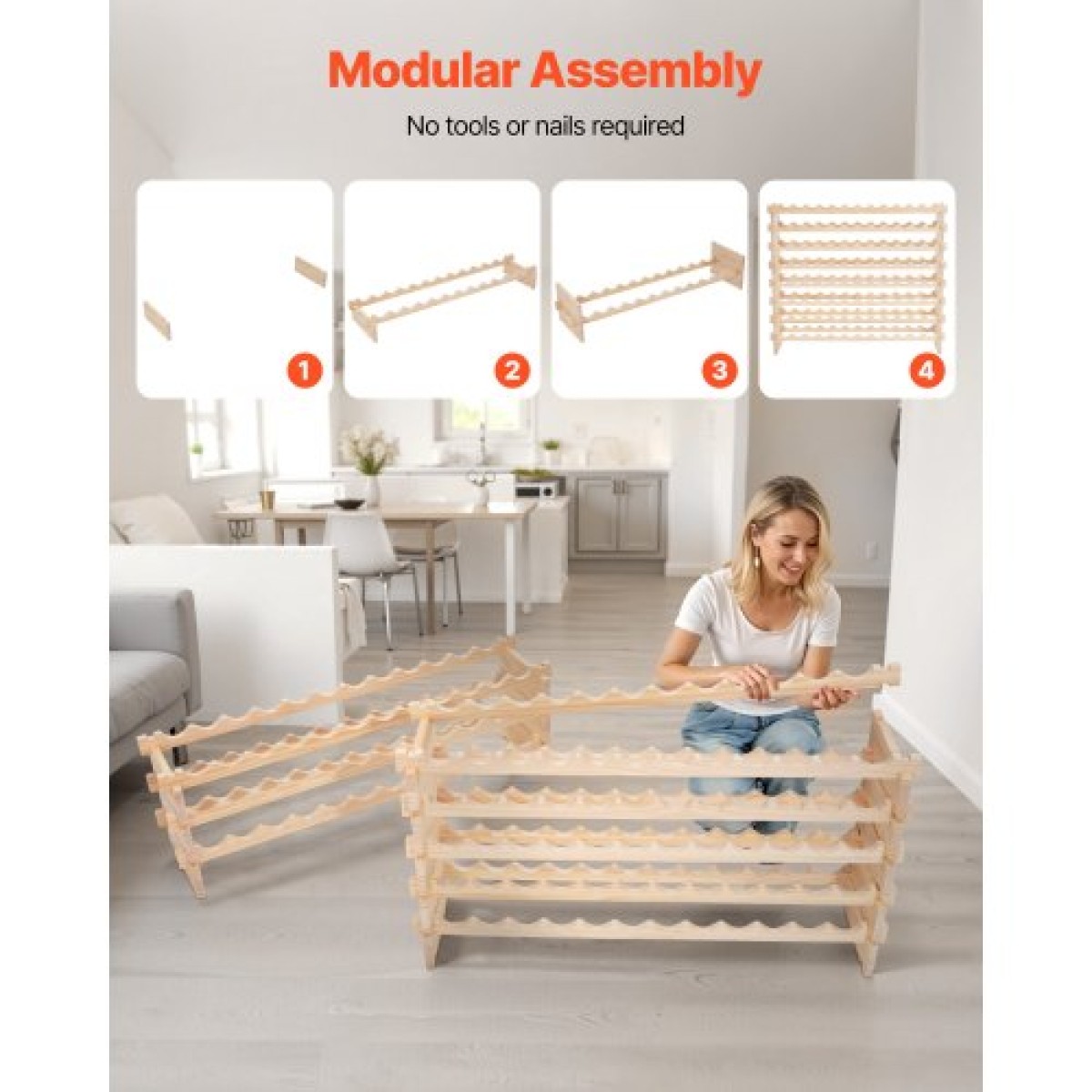 VEVOR 96 Bottle Stackable Modular Wine Rack, 8-Tered Bottle Wine Shop, Μασίφ ξύλινο πάτωμα ανεξάρτητο ράφι αποθήκευσης κρασιού για μπουκάλια Pinot Noir, Για κουζίνα, κελάρι και μπαρ, φυσικό