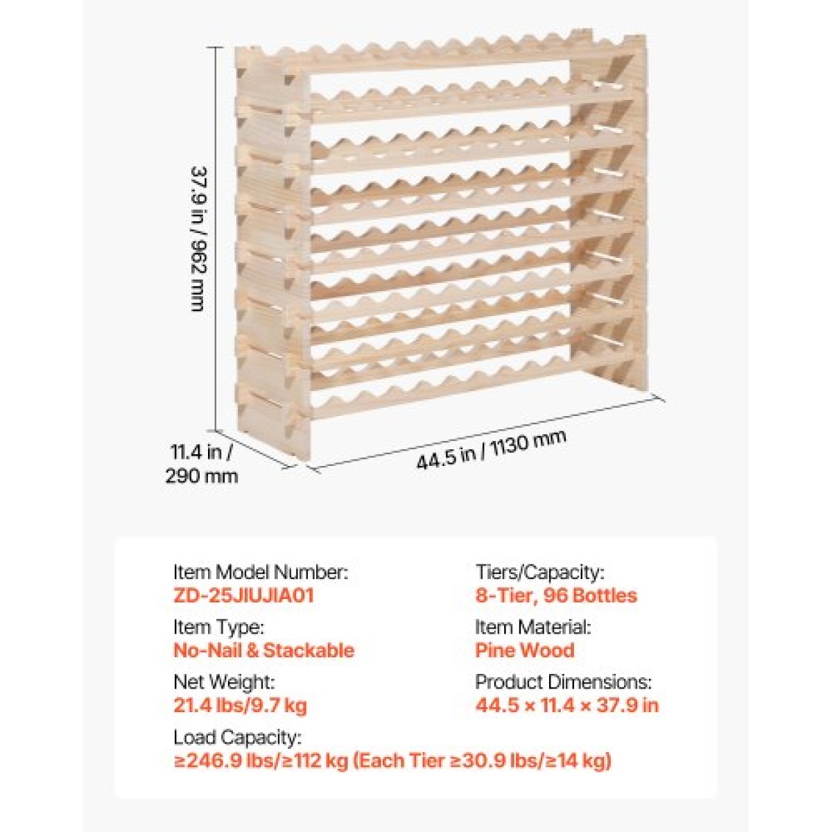 VEVOR 96 Bottle Stackable Modular Wine Rack, 8-Tered Bottle Wine Shop, Μασίφ ξύλινο πάτωμα ανεξάρτητο ράφι αποθήκευσης κρασιού για μπουκάλια Pinot Noir, Για κουζίνα, κελάρι και μπαρ, φυσικό