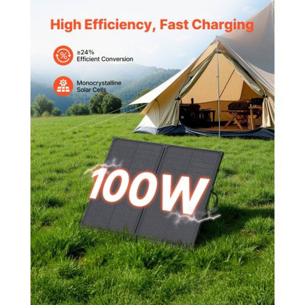 VEVOR 100W Foldable Solar Panel with Frame, 16BB N-Type Portable Monocrystalline Solar Panel Charger 24% Efficiency, IP67 Waterproof with 30A PWM Controller & MC4 Output for Camping, Hiking, RV Trips