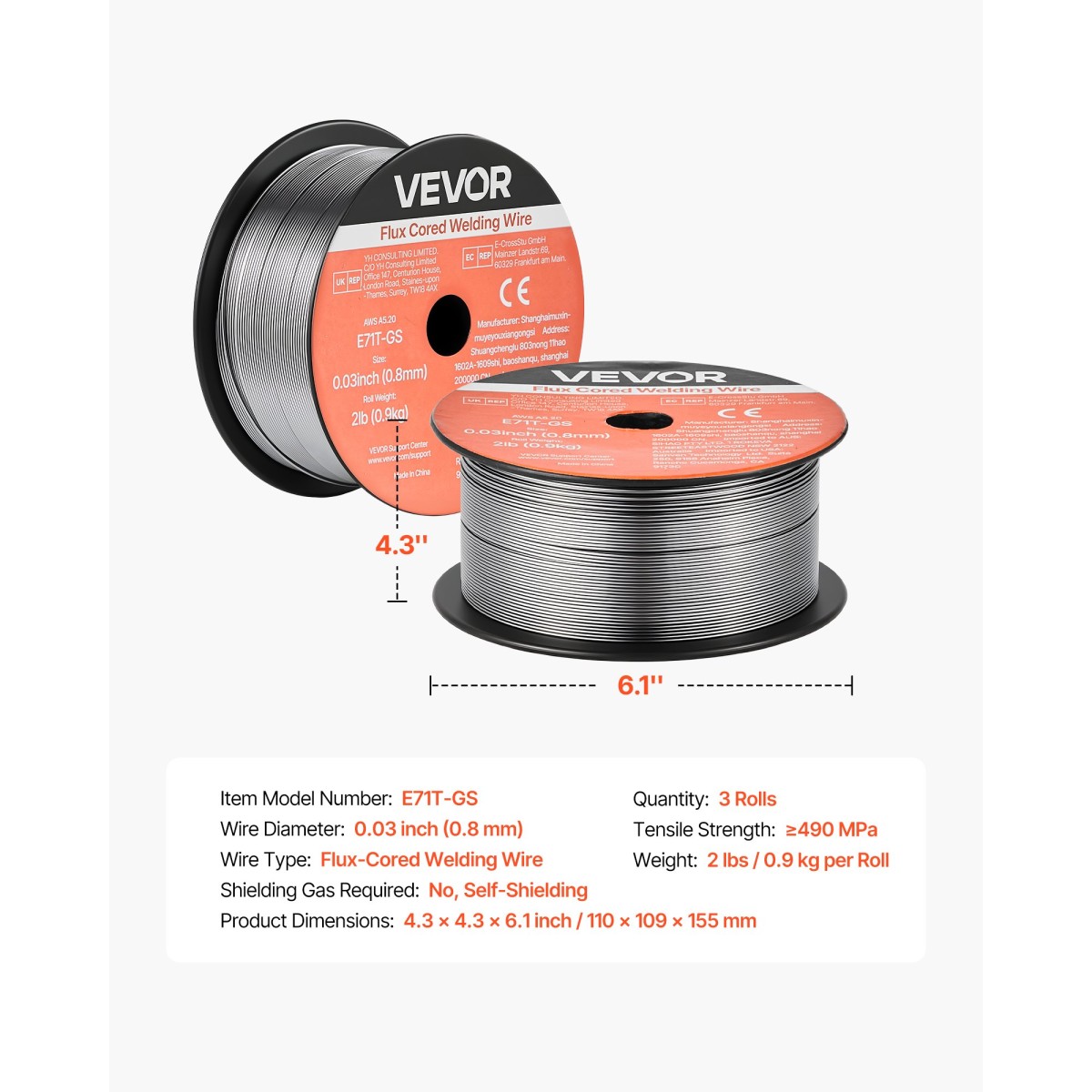 Σύρμα συγκόλλησης VEVOR Flux Core MIG, E71T-GS 0,8mm 0,9kg, Σύρμα συγκόλλησης από ήπιο χάλυβα χωρίς αέριο με χαμηλό πιτσίλισμα για συγκόλληση τόξου σε όλες τις θέσεις, αυτοπροστατευμένο για εξωτερική χρήση (Συσκευασία 3 κυλίνδρων)