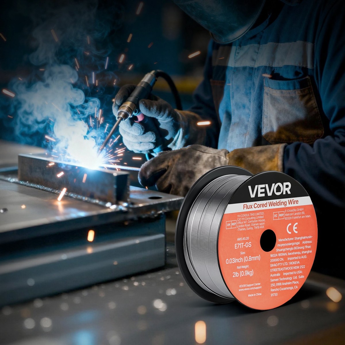 Σύρμα συγκόλλησης VEVOR Flux Core MIG, E71T-GS 0,8mm 0,9kg, Σύρμα συγκόλλησης από ήπιο χάλυβα χωρίς αέριο με χαμηλό πιτσίλισμα για συγκόλληση τόξου σε όλες τις θέσεις, αυτοπροστατευμένο για εξωτερική χρήση (Συσκευασία 3 κυλίνδρων)