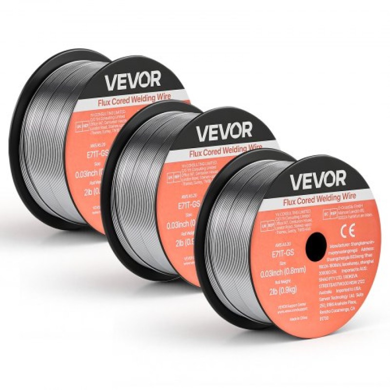 Σύρμα συγκόλλησης VEVOR Flux Core MIG, E71T-GS 0,8mm 0,9kg, Σύρμα συγκόλλησης από ήπιο χάλυβα χωρίς αέριο με χαμηλό πιτσίλισμα για συγκόλληση τόξου σε όλες τις θέσεις, αυτοπροστατευμένο για εξωτερική χρήση (Συσκευασία 3 κυλίνδρων)