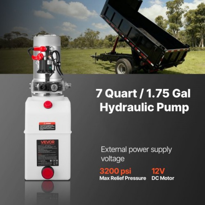 VEVOR 7 L Hydraulic Power Unit, Single Acting Dump Trailer Pump, 22 MPa Max Relief Pressure & 3,4 L/min Rate, DC 12V Hydraulic Pump with Metal Reservoir for Dump Trailer Car Lifting
