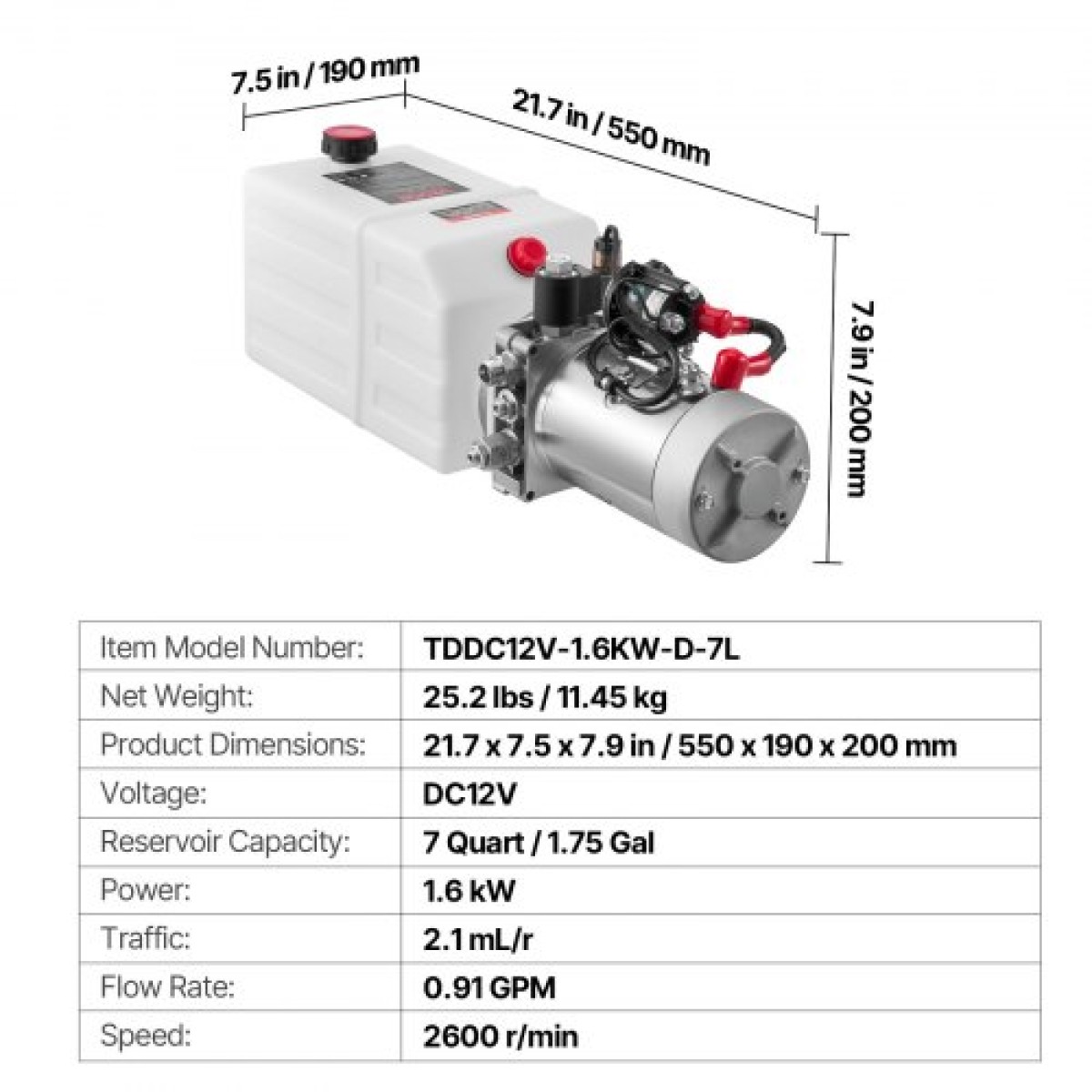 VEVOR 7 L Hydraulic Power Unit, Single Acting Dump Trailer Pump, 22 MPa Max Relief Pressure & 3,4 L/min Rate, DC 12V Hydraulic Pump with Metal Reservoir for Dump Trailer Car Lifting