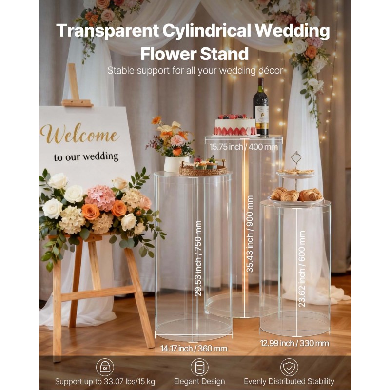 Βάση λουλουδιών VEVOR Wedding, 3 ΤΕΜ 60/75/90cm Στρογγυλή πλίνθο κυλίνδρου, Διαφανές βάθρο με διαφανές ακρυλικό καπάκι, κυλινδρικό βάθρο για γάμο, πάρτι, γενέθλια, διακόσμηση τέχνης