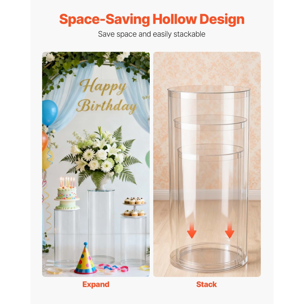 Βάση λουλουδιών VEVOR Wedding, 3 ΤΕΜ 60/75/90cm Στρογγυλή πλίνθο κυλίνδρου, Διαφανές βάθρο με διαφανές ακρυλικό καπάκι, κυλινδρικό βάθρο για γάμο, πάρτι, γενέθλια, διακόσμηση τέχνης