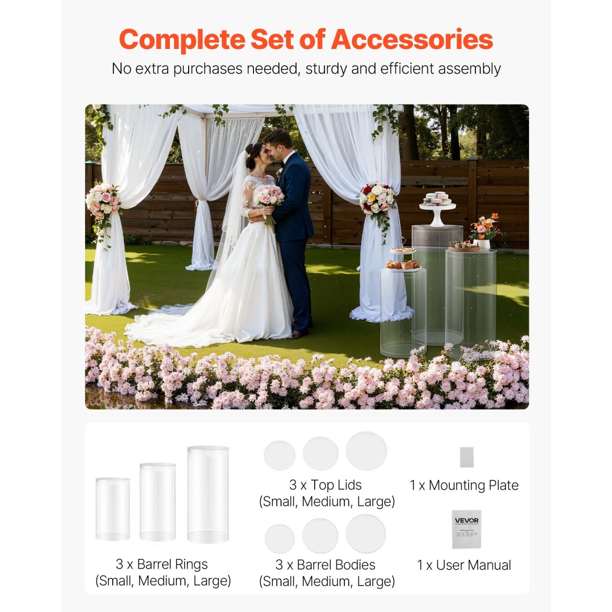 Βάση λουλουδιών VEVOR Wedding, 3 ΤΕΜ 60/75/90cm Στρογγυλή πλίνθο κυλίνδρου, Διαφανές βάθρο με διαφανές ακρυλικό καπάκι, κυλινδρικό βάθρο για γάμο, πάρτι, γενέθλια, διακόσμηση τέχνης