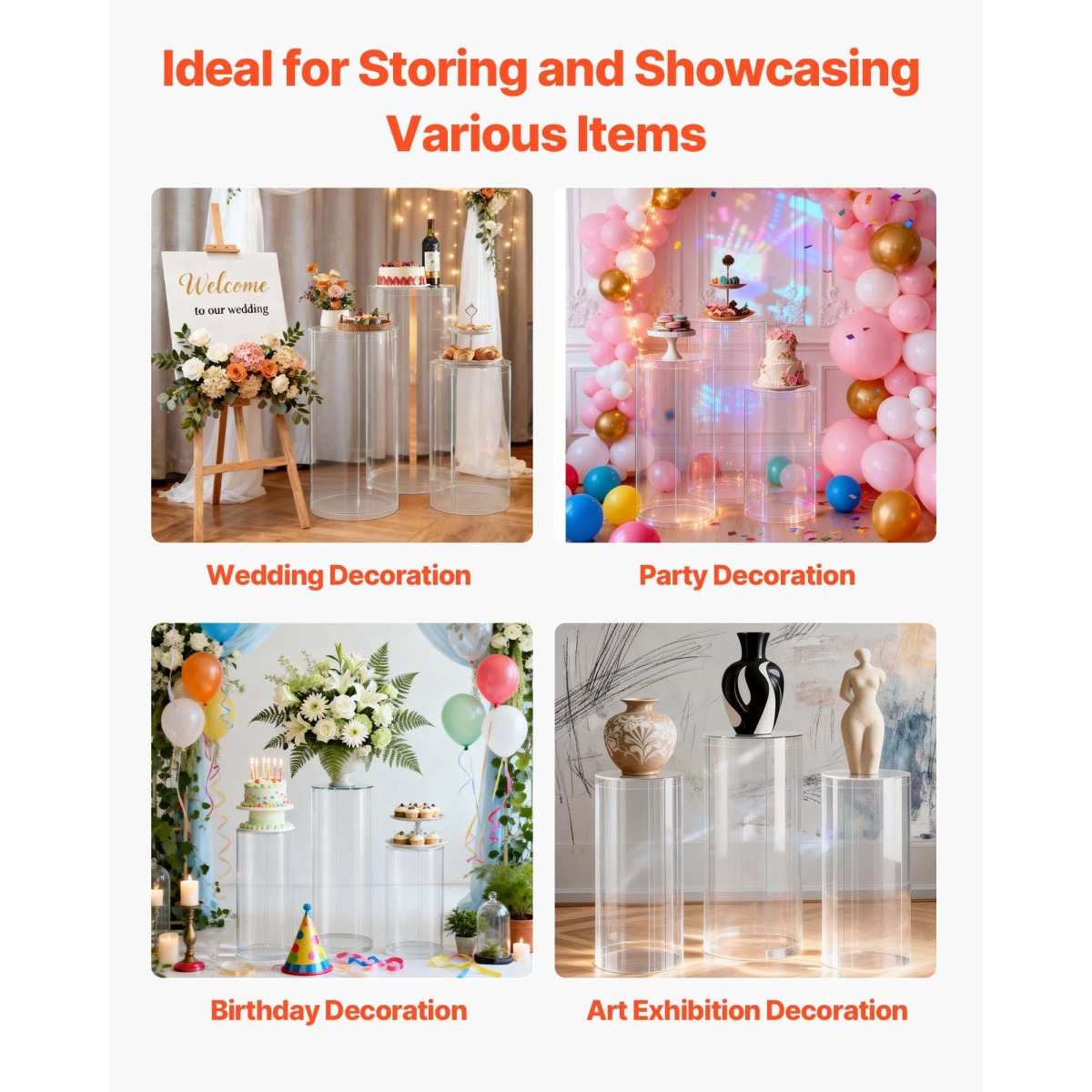 Βάση λουλουδιών VEVOR Wedding, 3 ΤΕΜ 60/75/90cm Στρογγυλή πλίνθο κυλίνδρου, Διαφανές βάθρο με διαφανές ακρυλικό καπάκι, κυλινδρικό βάθρο για γάμο, πάρτι, γενέθλια, διακόσμηση τέχνης