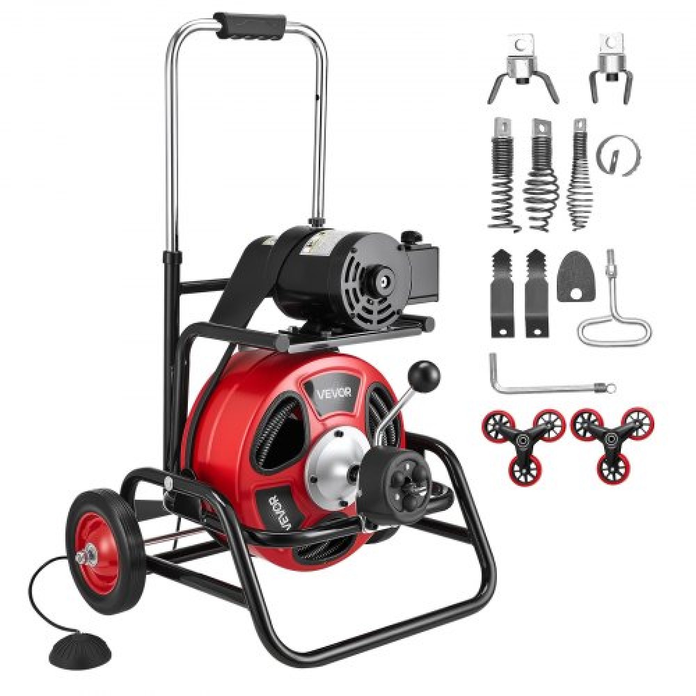 Μηχάνημα καθαρισμού αποχέτευσης VEVOR 30m x 12,7mm, Auto Feed Sewer Snake Auger, Φορητό μηχάνημα καθαρισμού αποχέτευσης με τροχούς αναρρίχησης, ρυθμιζόμενο τύμπανο, 8 κόφτες & ποδοδιακόπτης για σωλήνες 50mm έως 150mm