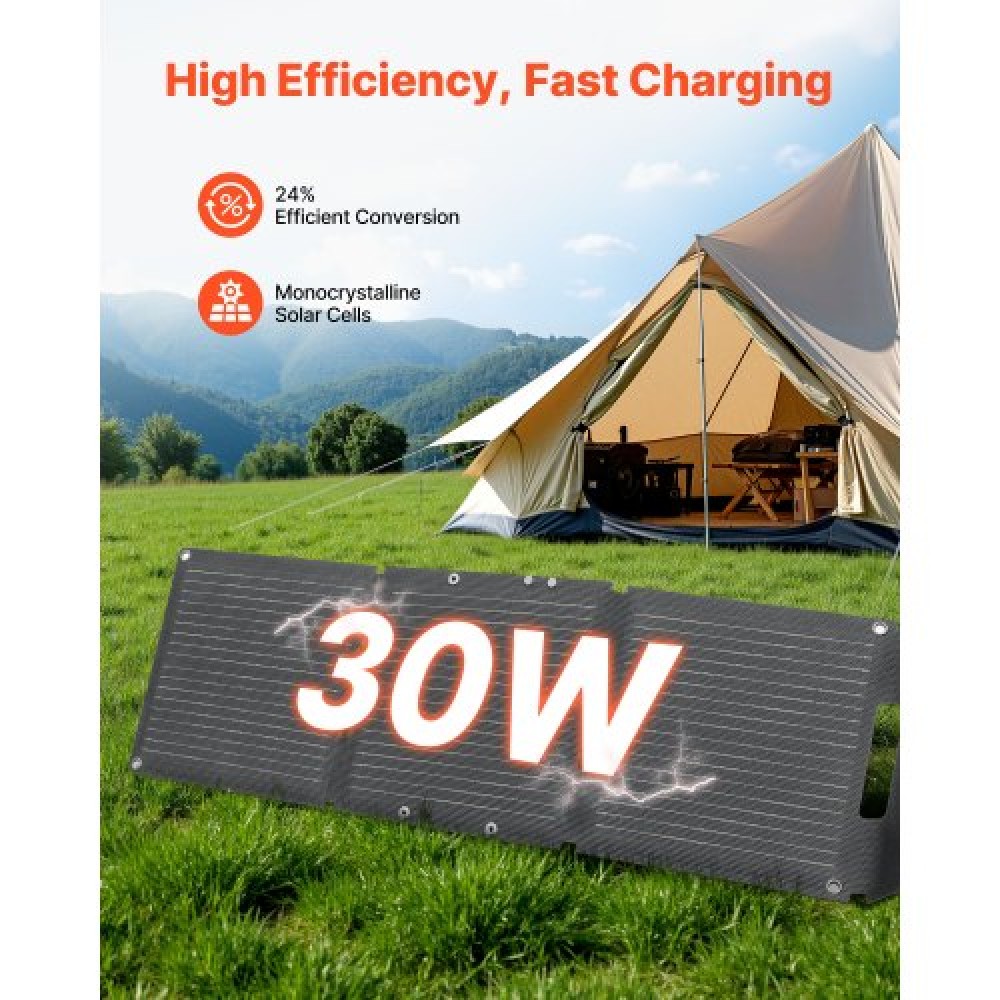 VEVOR 30W Foldable Solar Panel Charger, 16BB N-Type Monocrystalline Solar Panel 24% Efficiency, Ultra-Light Portable with USB-A, USB-A (QC3.0) & Type-C Ports for Camping, Backpacking, Phones, Tablets
