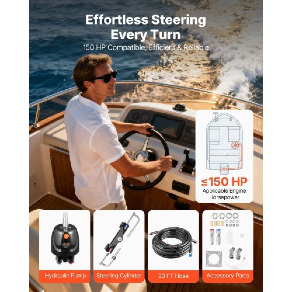 VEVOR Hydraulic Steering Kit, 110kW (150 HP), Marine Boat Hydraulic Steering System, με αντλία πηδαλίου 6,9 MPa/1000 psi, κύλινδρο κλειδώματος διπλής κατεύθυνσης και εύκαμπτους σωλήνες 6 m υψηλής αντοχής, για χρήση ενός σταθμού, χρήσης ενός κινητήρα